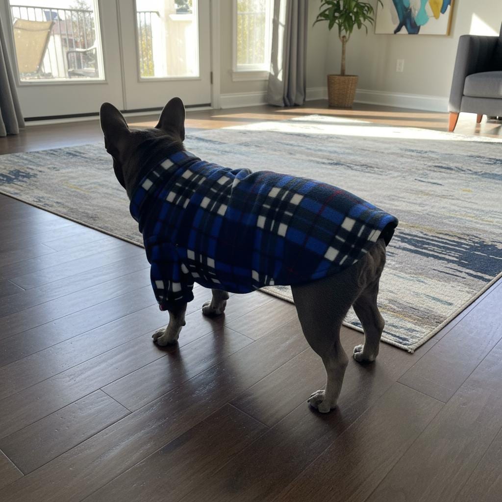Keep your dog warm stylish in this handmade royal blue plaid fleece jacket! Features a fold-over collar, sleeves easy Velcro front.