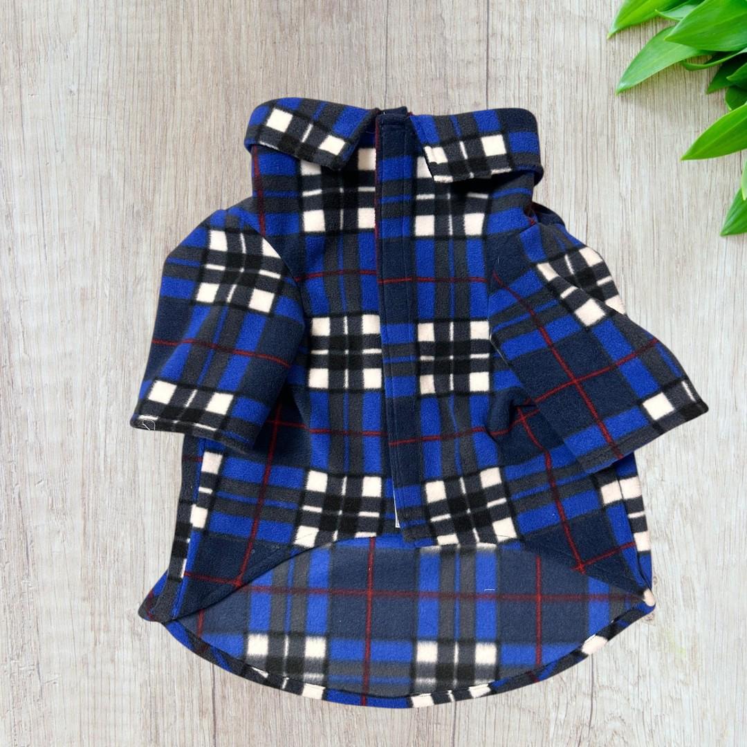 Keep your dog warm stylish in this handmade royal blue plaid fleece jacket! Features a fold-over collar, sleeves easy Velcro front.