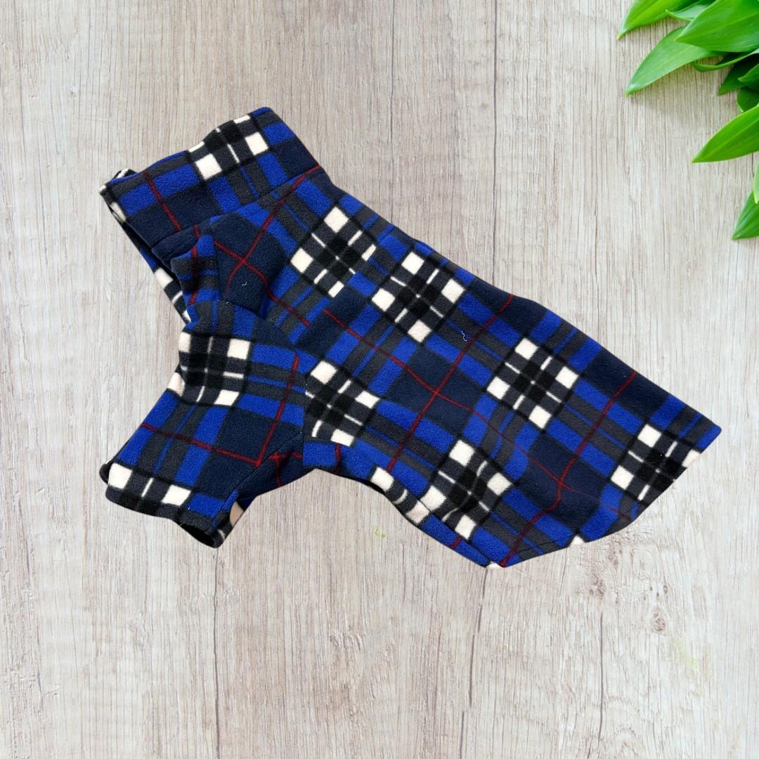 Keep your dog warm stylish in this handmade royal blue plaid fleece jacket! Features a fold-over collar, sleeves easy Velcro front.