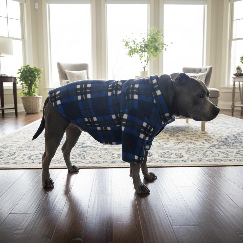 Keep your dog warm stylish in this handmade royal blue plaid fleece jacket! Features a fold-over collar, sleeves easy Velcro front.