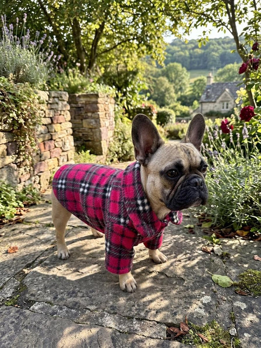 Pink Plaid Dog Coat | Fleece Flannel Shirt Jacket for Small Dogs | Frenchie Pug Chihuahua Winter Coat | Cozy Pet Outerwear