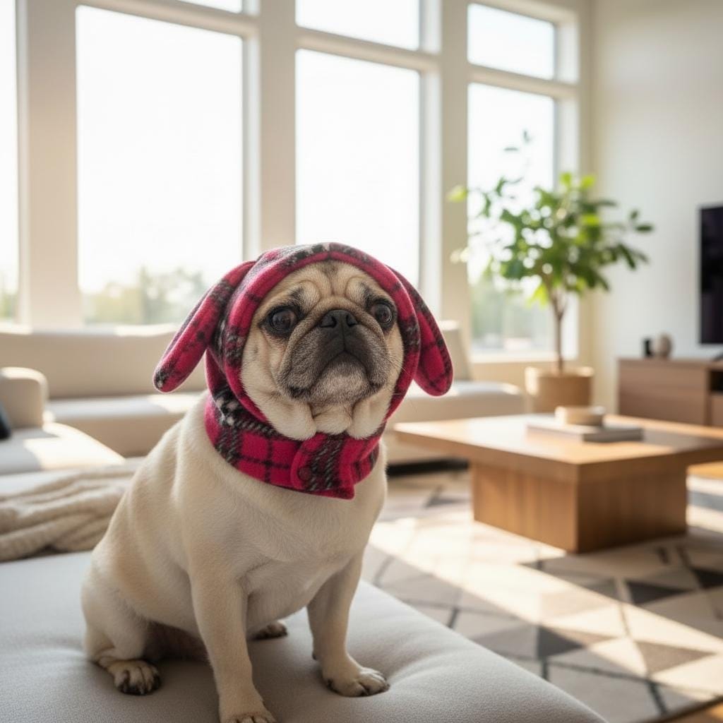 Plaid Fleece Dog Snood Hat with Velcro Closure – Cosy Ear-Covering Winter Hood for Small Dogs – Pink Black Plaid Pet Hat