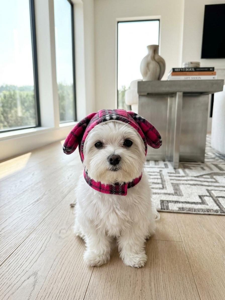 Plaid Fleece Dog Snood Hat with Velcro Closure – Cosy Ear-Covering Winter Hood for Small Dogs – Pink Black Plaid Pet Hat