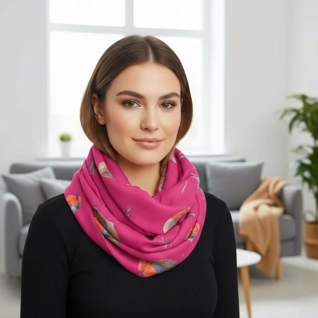Watercolour Robin Bird Print Snood Infinity Scarf Come With a Gift bag