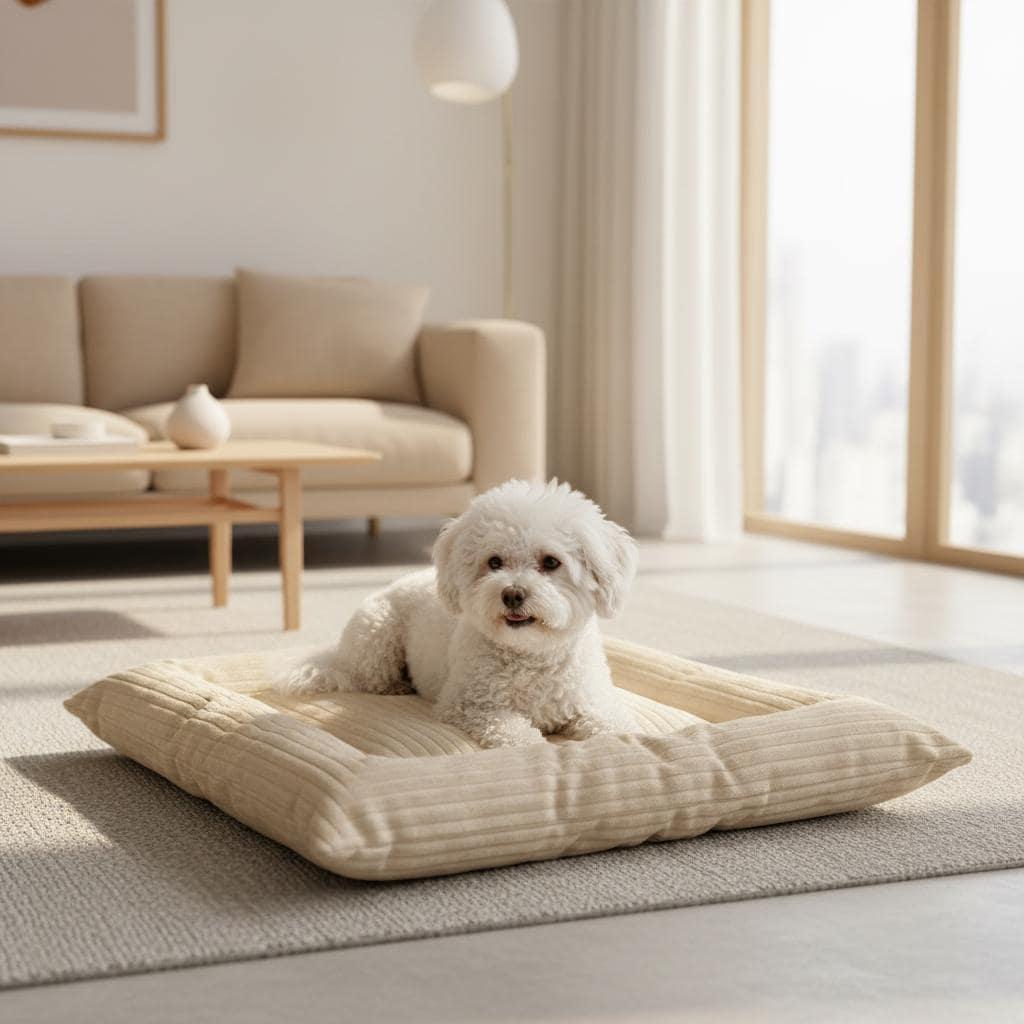 Handmade Reversible Double-Sided Dog Bed Cushion | Ivory Velvet & Ribbed Plush Pet Mat | 100% Virgin Hollow Fibre Filled Cosy Dog Bed