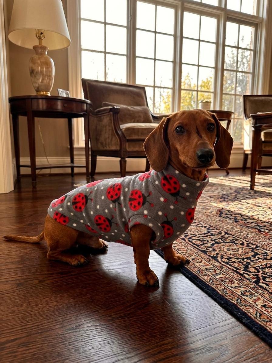 Ladybird Fleece Dog Jumper | Grey Polka Dot Sweater for Dachshunds & Small Dogs | Cute Ladybug Print Pet Pullover | Sausage Dog Clothes
