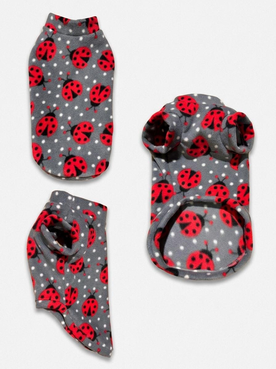 Ladybird Fleece Dog Jumper | Grey Polka Dot Sweater for Dachshunds & Small Dogs | Cute Ladybug Print Pet Pullover | Sausage Dog Clothes