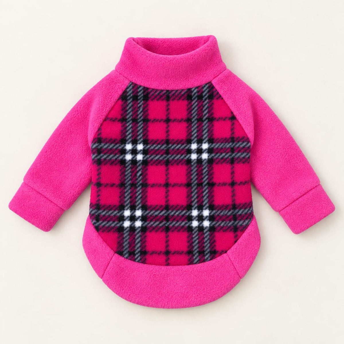 Pink Tartan Raglan Fleece Dog Jumper, Handmade Warm Winter Pet Clothing, Cosy Pullover Coat for Puppies and Adult Breeds, 2XS–2XL