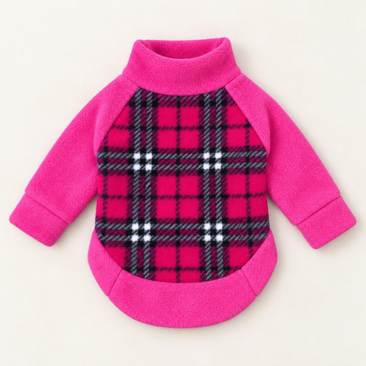 Pink Tartan Raglan Fleece Dog Jumper, Handmade Warm Winter Pet Clothing, Cosy Pullover Coat for Puppies and Adult Breeds, 2XS–2XL