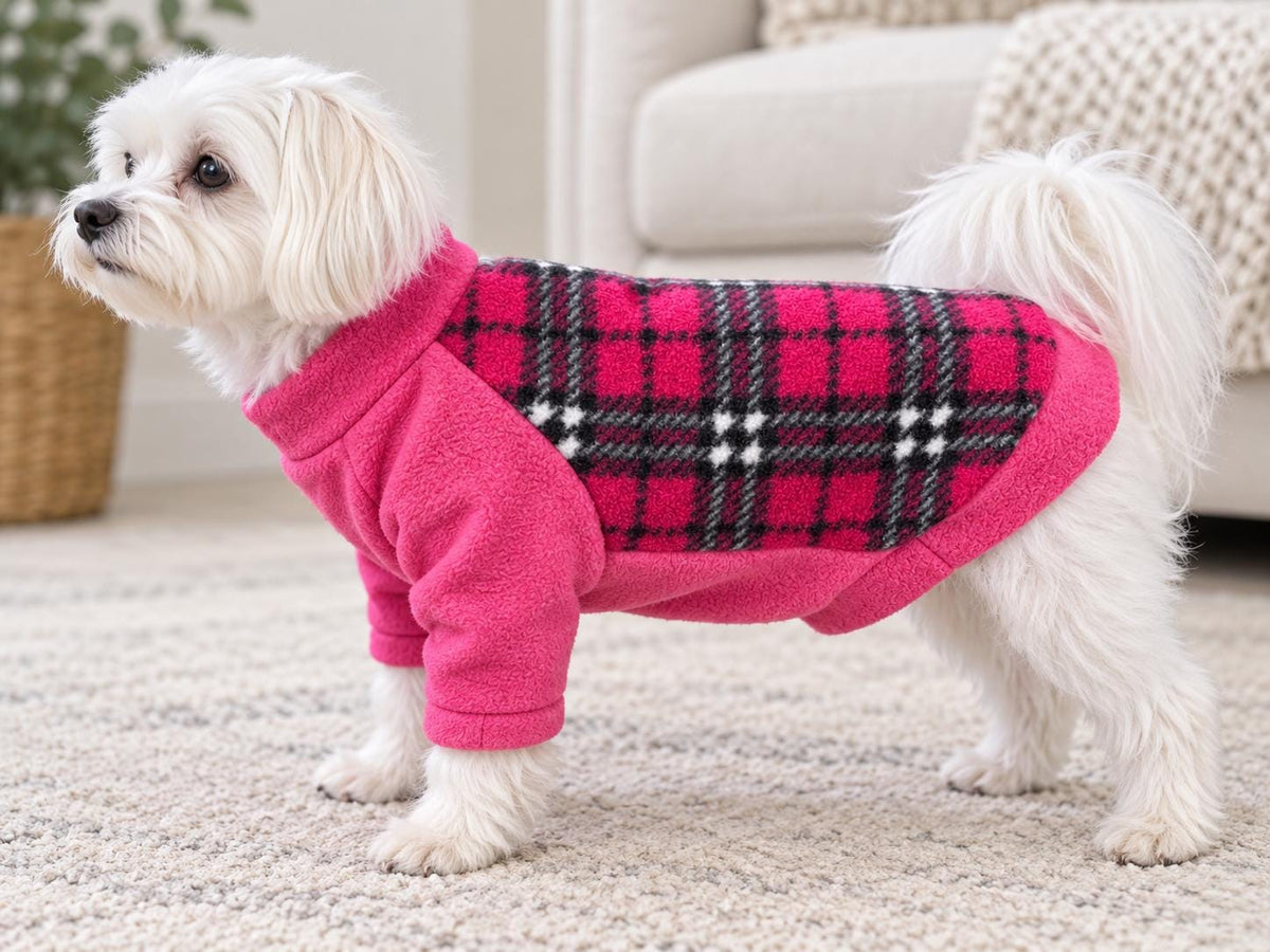 Pink Tartan Raglan Fleece Dog Jumper, Handmade Warm Winter Pet Clothing, Cosy Pullover Coat for Puppies and Adult Breeds, 2XS–2XL