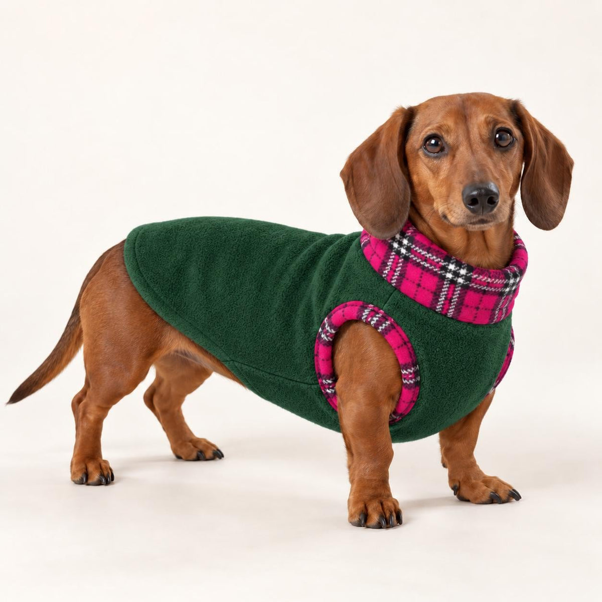 Cosy Fleece Dog Coat with Tartan Plaid Trim – Warm Winter Vest for Dachshunds & Small Dogs