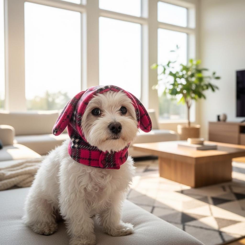 Plaid Fleece Dog Snood Hat with Velcro Closure – Cosy Ear-Covering Winter Hood for Small Dogs – Pink Black Plaid Pet Hat