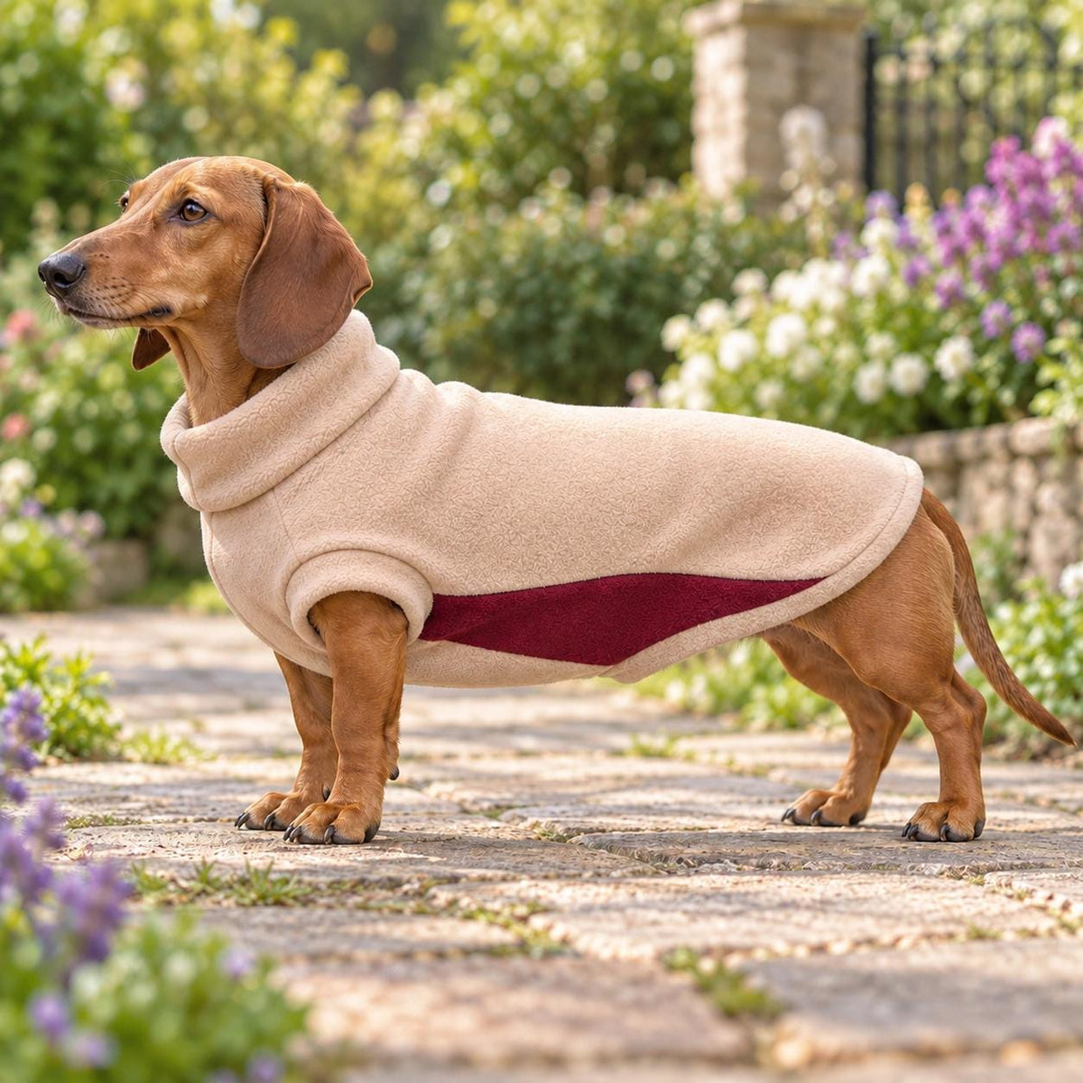 Sausage Dog Cosy Fleece Dog Coat – Cream & Burgundy Two-Tone Sweater | Soft Pullover Jacket Handmade Pet Apparel