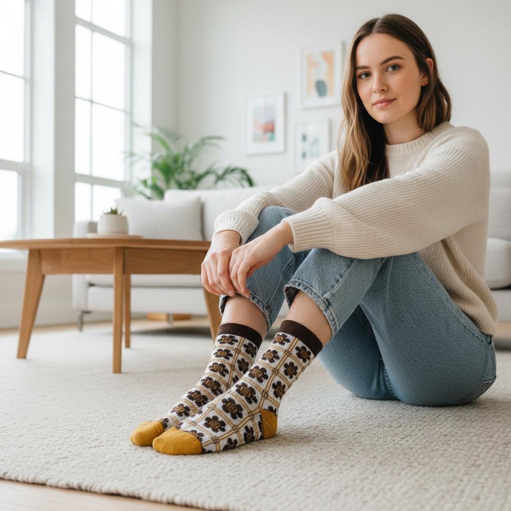 Ladies Seamless Soft Comfort Set of 5 Tree Flower Heart Pattern Crew Socks Premium Quality Gift for Her comes with a gift bag