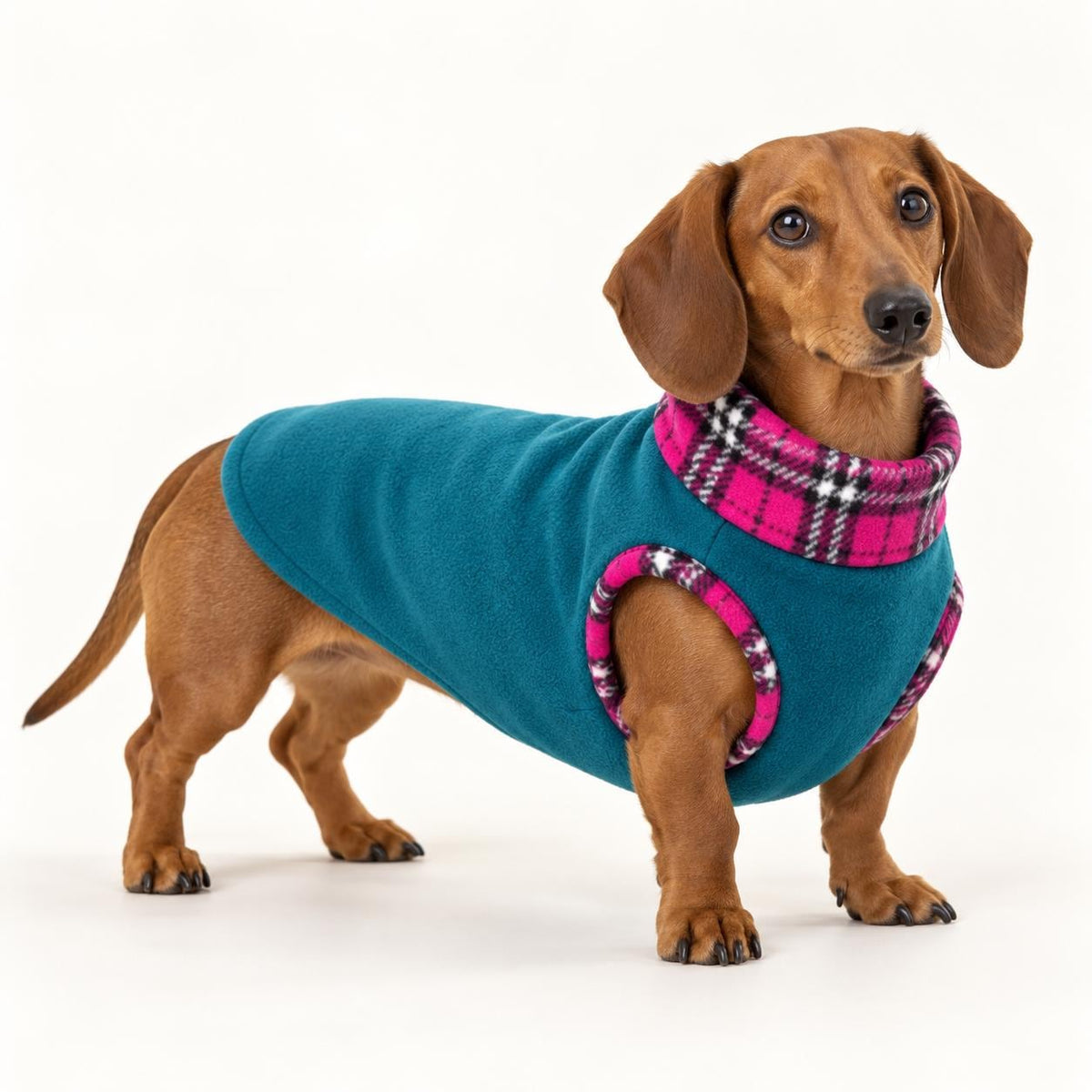 Cosy Fleece Dog Coat with Tartan Plaid Trim – Warm Winter Vest for Dachshunds & Small Dogs