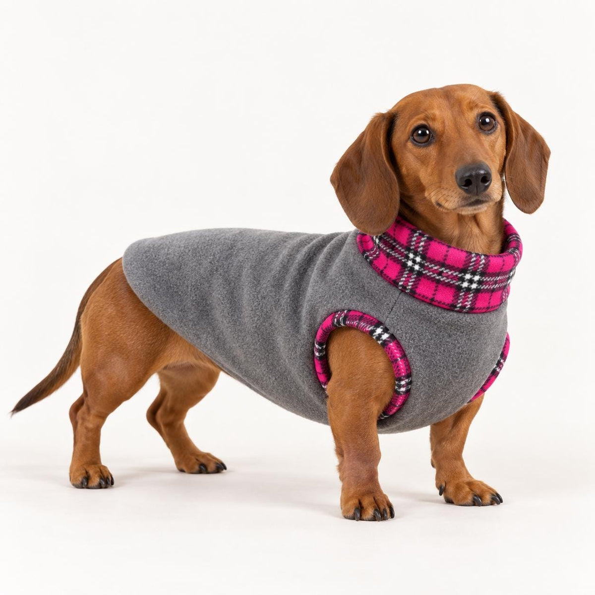 Cosy Fleece Dog Coat with Tartan Plaid Trim – Warm Winter Vest for Dachshunds & Small Dogs