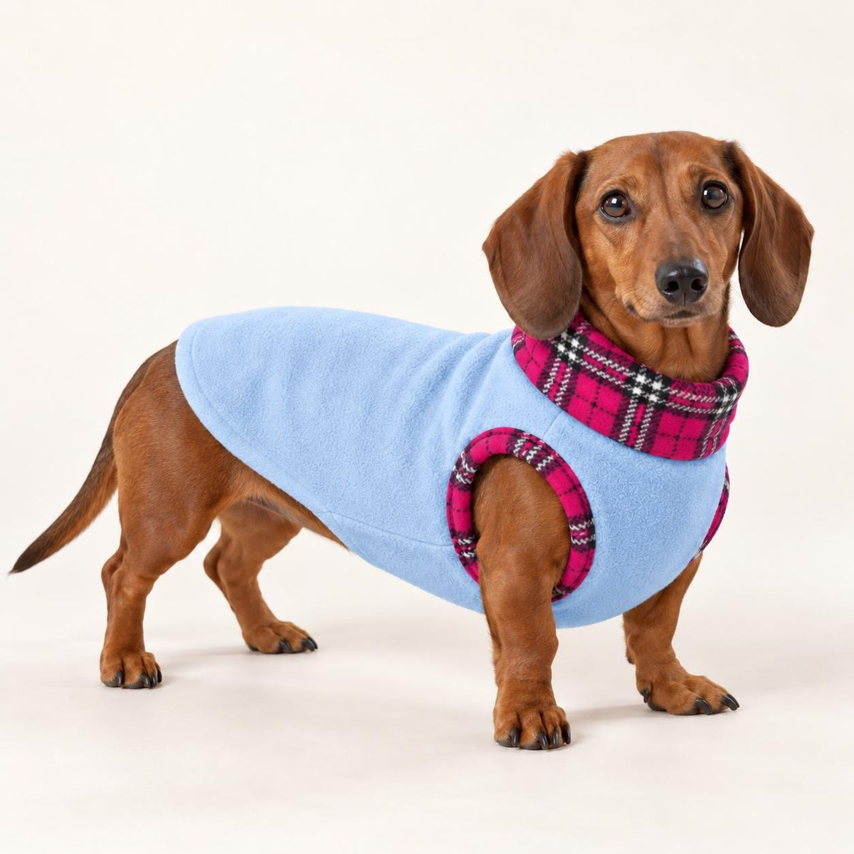 Cosy Fleece Dog Coat with Tartan Plaid Trim – Warm Winter Vest for Dachshunds & Small Dogs
