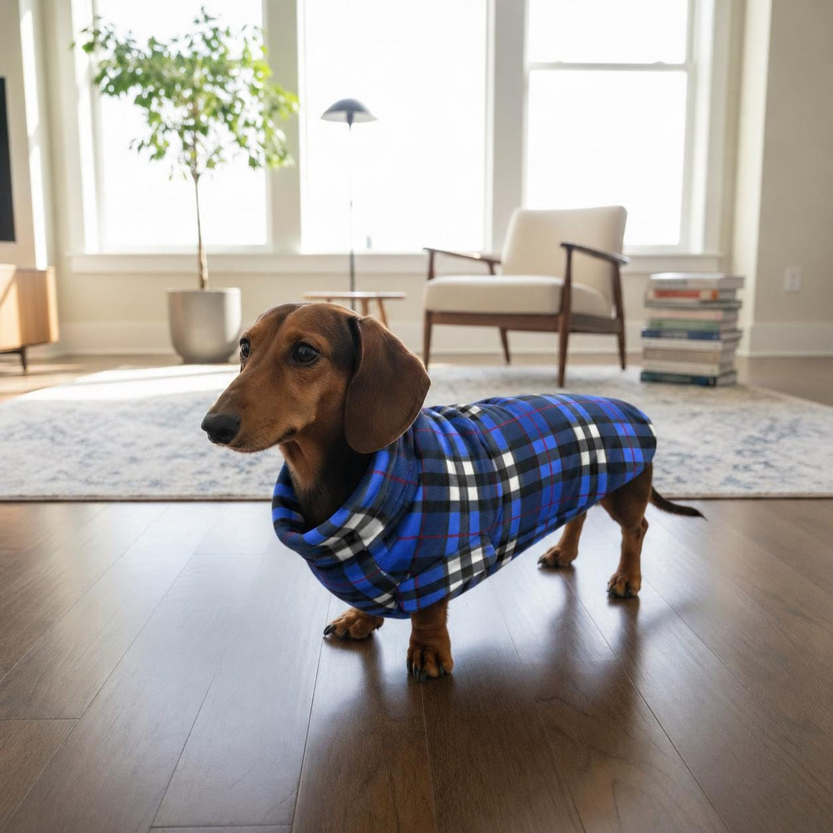 Dachshund Sweater | Blue Plaid Fleece Coat Specially Cut for Sausage Dogs | Wiener Dog Winter Jumper