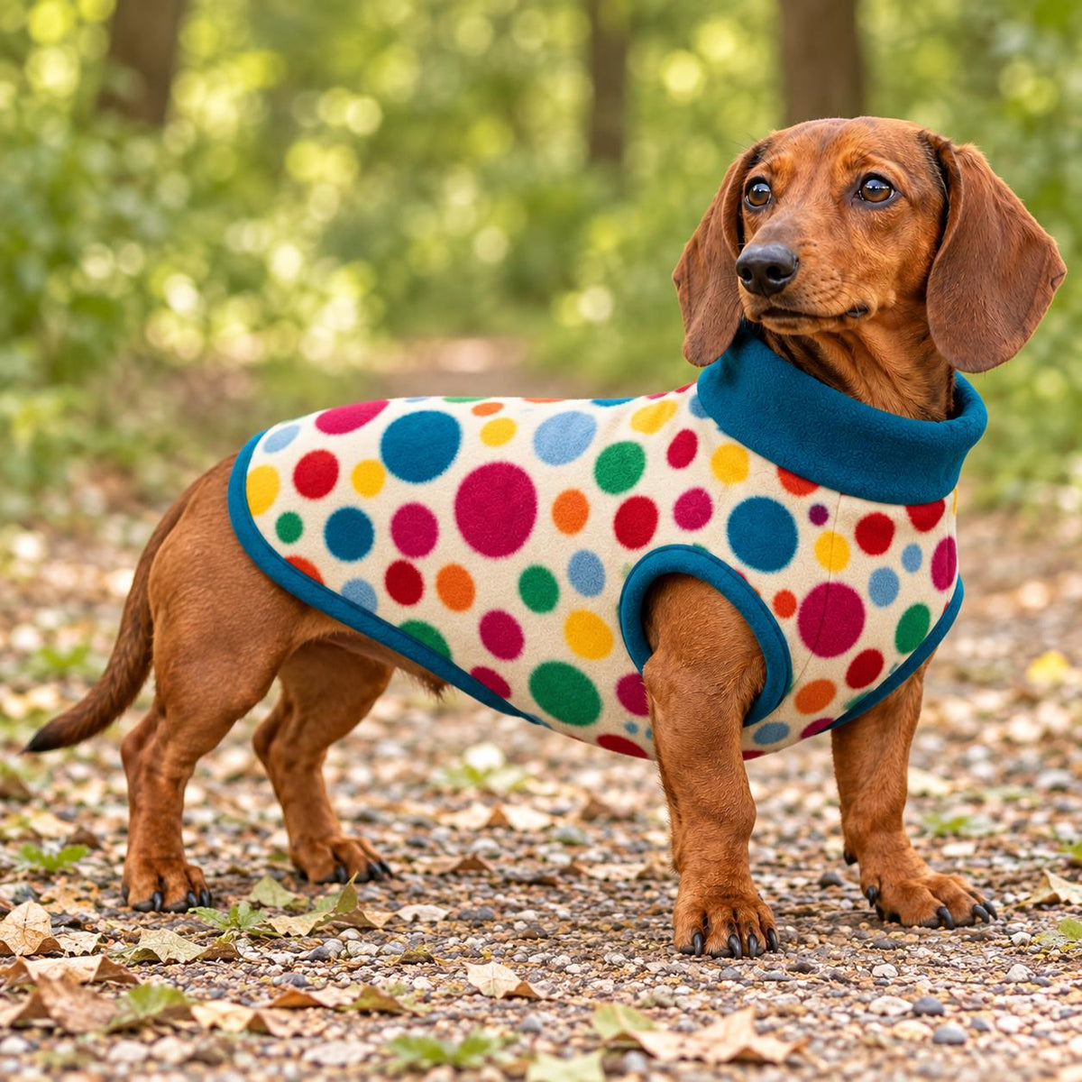 Handmade multicoloured polka-dot pattern Fleece Jumper For Sausage Dog, Warm Dachshund Coat, Small to Large Dog Clothing