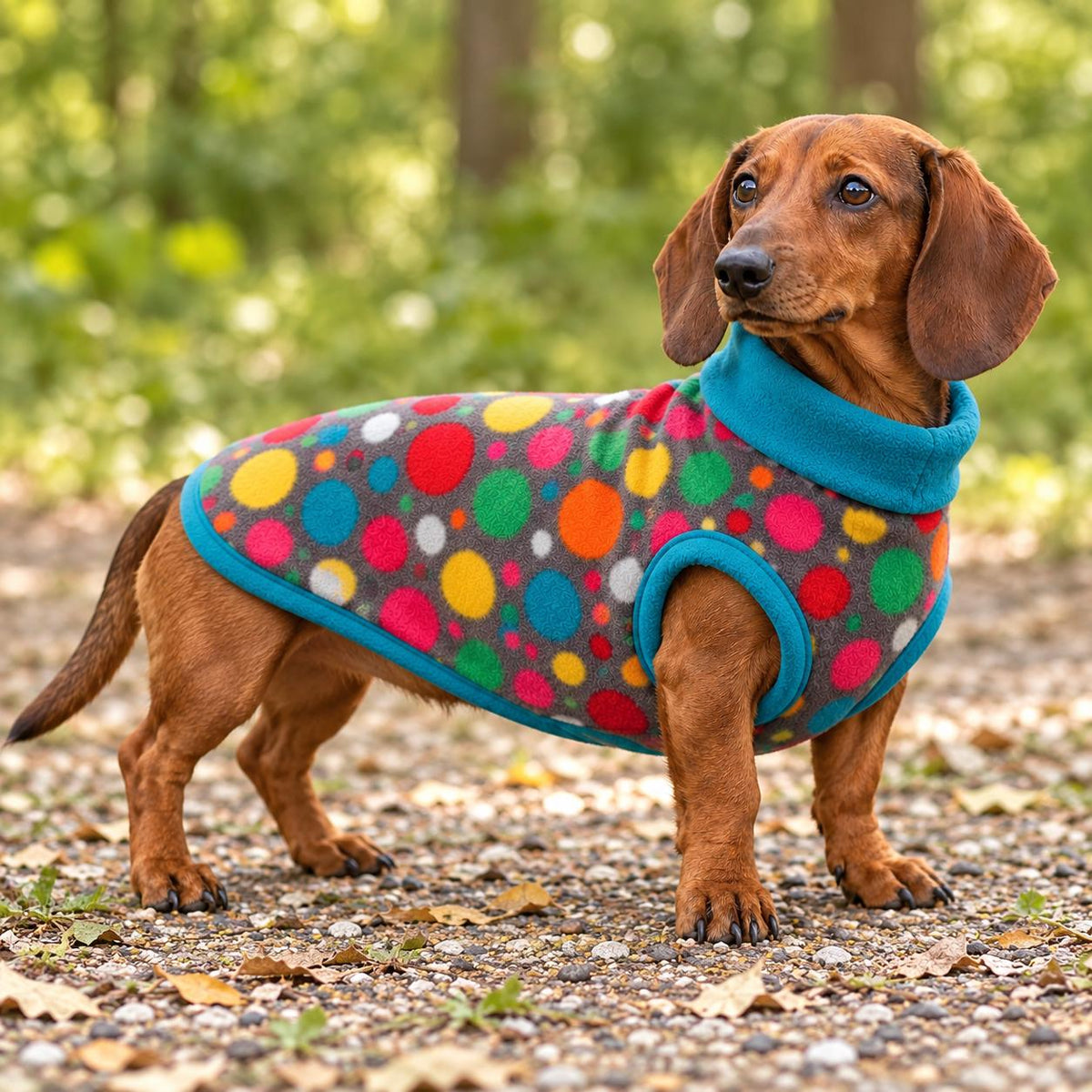 Handmade multicoloured polka-dot pattern Fleece Jumper For Sausage Dog, Warm Dachshund Coat, Small to Large Dog Clothing