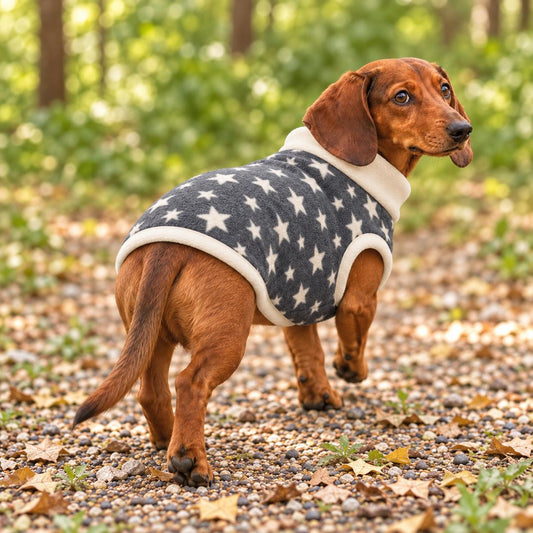 Handmade Two Tone Grey Star Fleece Jumper For Sausage Dog, Warm Dachshund Coat, Small to Large Dog Clothing