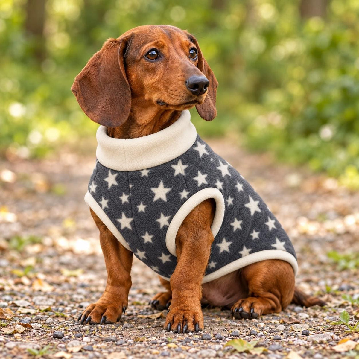 Handmade Two Tone Grey Star Fleece Jumper For Sausage Dog, Warm Dachshund Coat, Small to Large Dog Clothing
