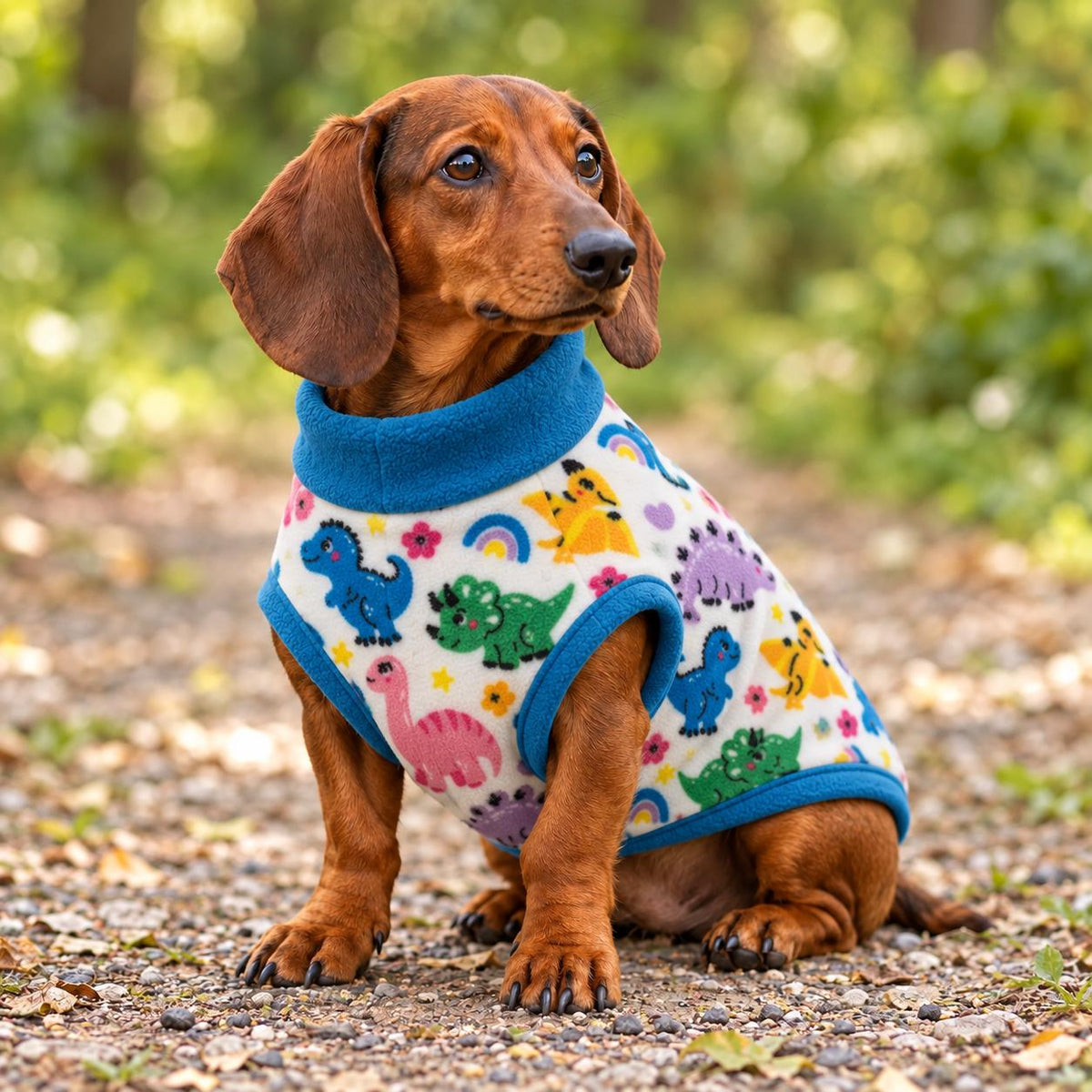 Handmade Dinosaur Fleece Dog Jumper Pet Coat with Blue Trim Fleece Jumper For Sausage Dog, Warm Dachshund Coat, Small to Large Dog Clothing