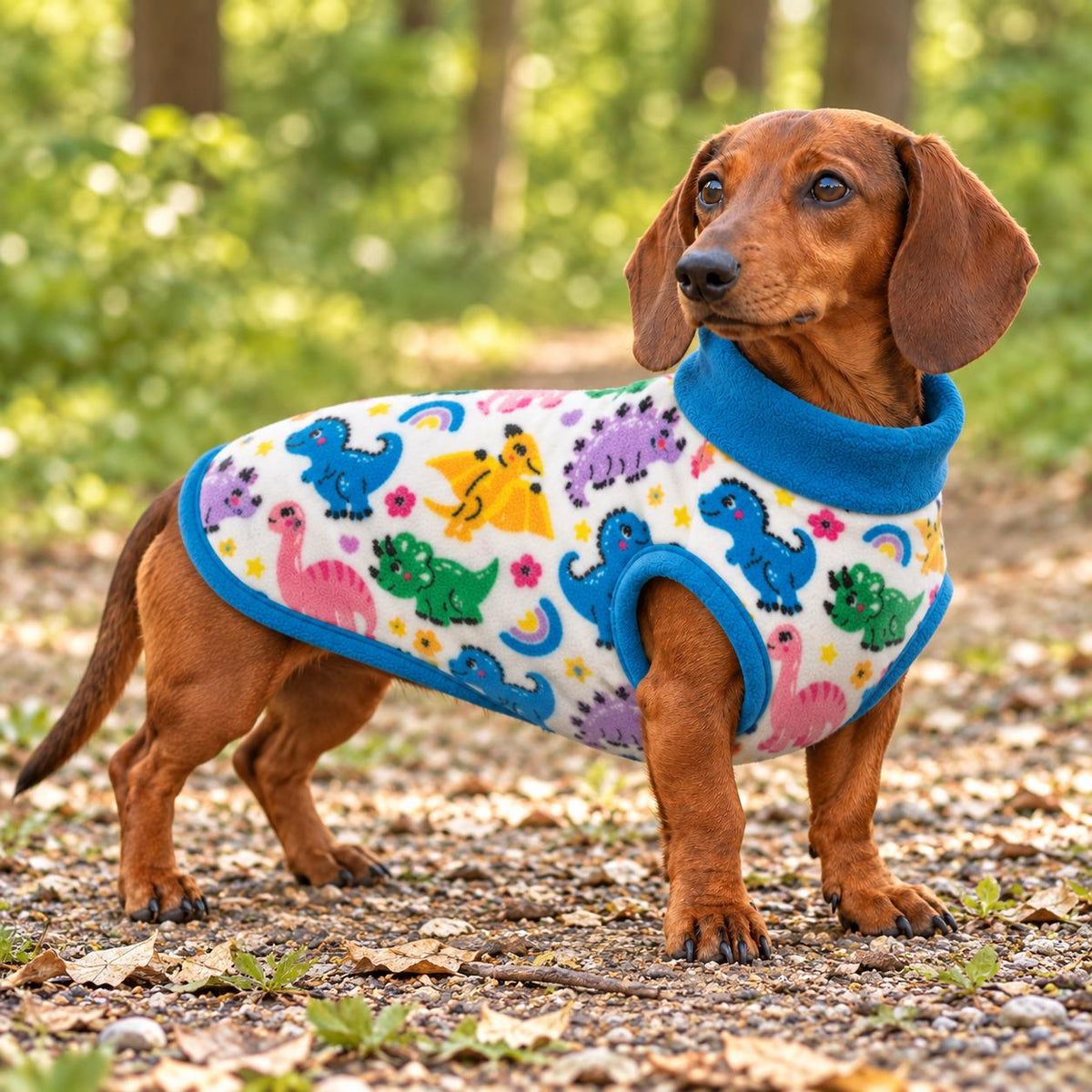 Handmade Dinosaur Fleece Dog Jumper Pet Coat with Blue Trim Fleece Jumper For Sausage Dog, Warm Dachshund Coat, Small to Large Dog Clothing