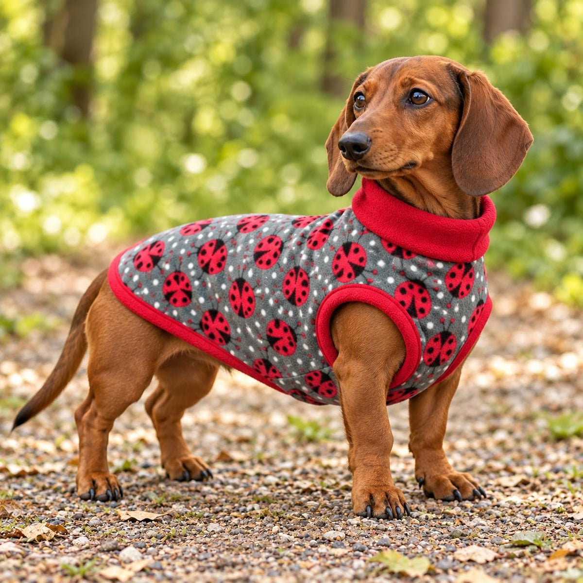 Ladybird Fleece Dog Jumper | Grey Polka Dot Sweater for Dachshunds & Small Dogs | Cute Ladybug Print Pet Pullover | Sausage Dog Clothes