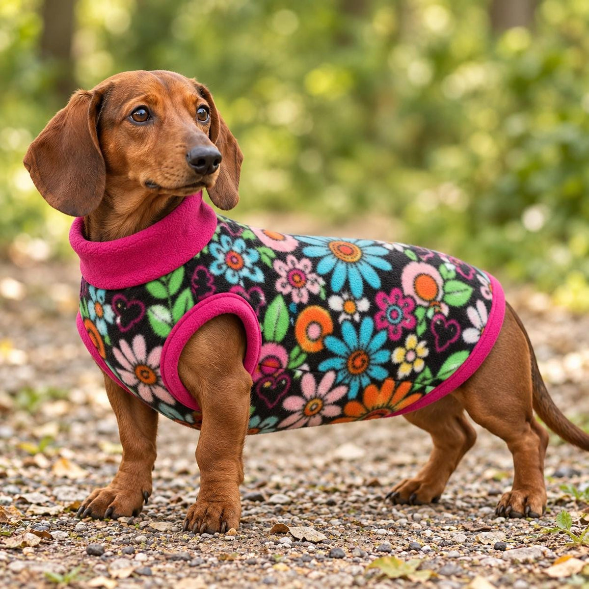 Handmade Colourful Floral Fleece Dog Jumper Pet Coat Jumper For Sausage Dog, Warm Dachshund Coat, Small to Large Dog Clothing
