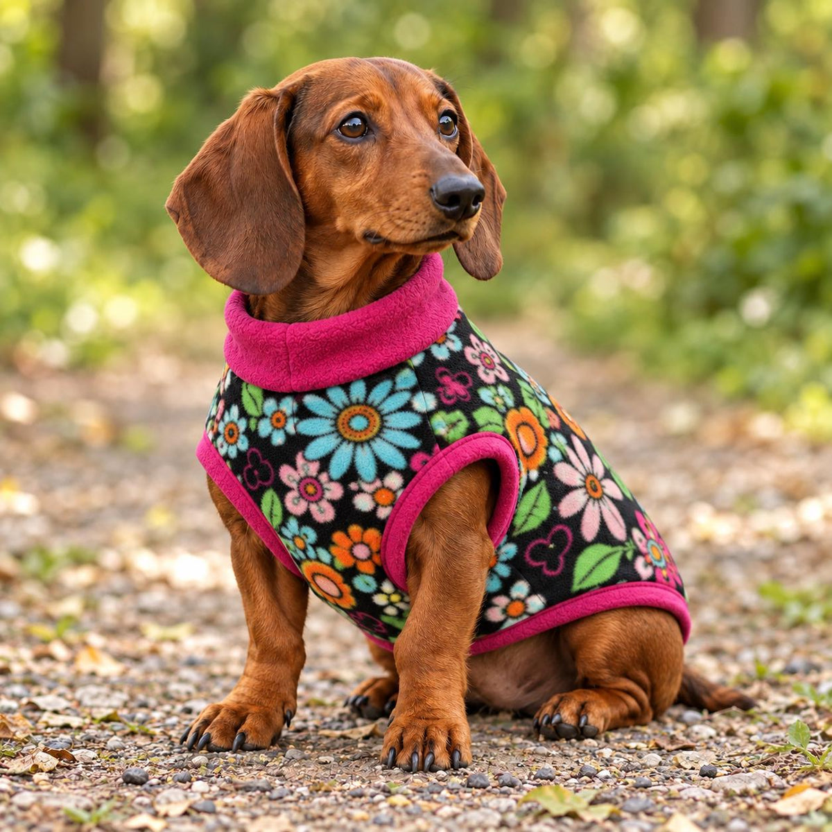 Handmade Colourful Floral Fleece Dog Jumper Pet Coat Jumper For Sausage Dog, Warm Dachshund Coat, Small to Large Dog Clothing