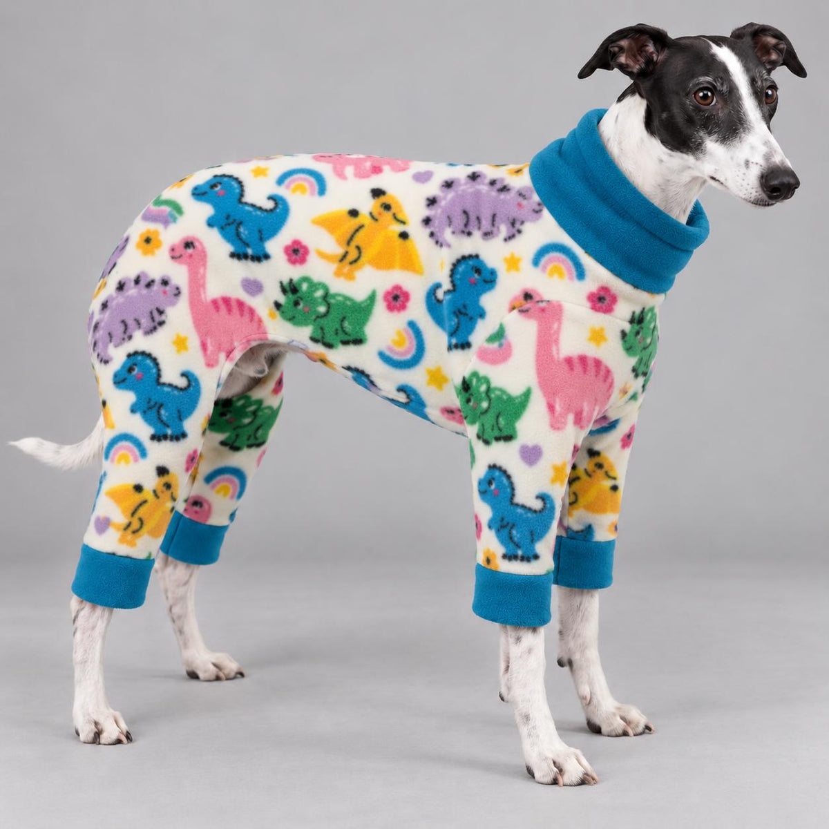 Whippet Fleece Jumpsuit dinosaur Print Dog Pyjamas, Warm Onesie for Sighthounds, Greyhound Italian Whippet Winter Suit, Soft Dog Romper