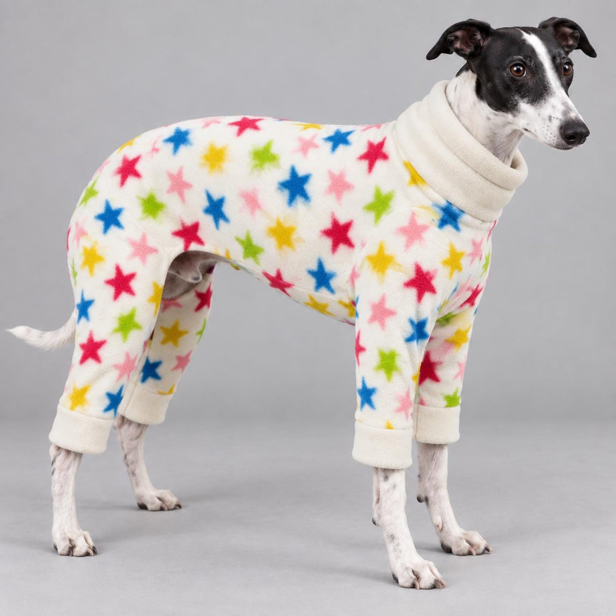 Whippet Fleece Jumpsuit Stars Print Dog Pyjamas, Warm Onesie for Sighthounds, Greyhound Italian Whippet Winter Suit, Soft Dog Romper