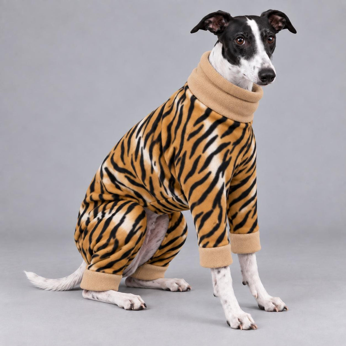 Whippet Fleece Jumpsuit Tiger Print Dog Pyjamas, Warm Onesie for Sighthounds, Greyhound Italian Whippet Winter Suit, Soft Dog Romper