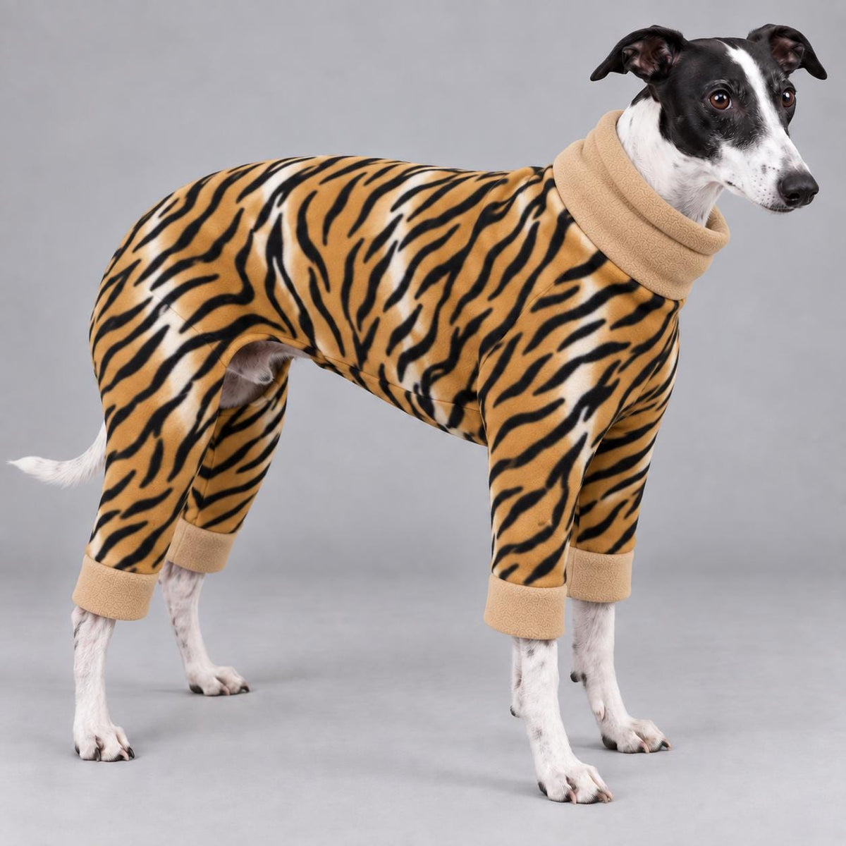 Whippet Fleece Jumpsuit Tiger Print Dog Pyjamas, Warm Onesie for Sighthounds, Greyhound Italian Whippet Winter Suit, Soft Dog Romper