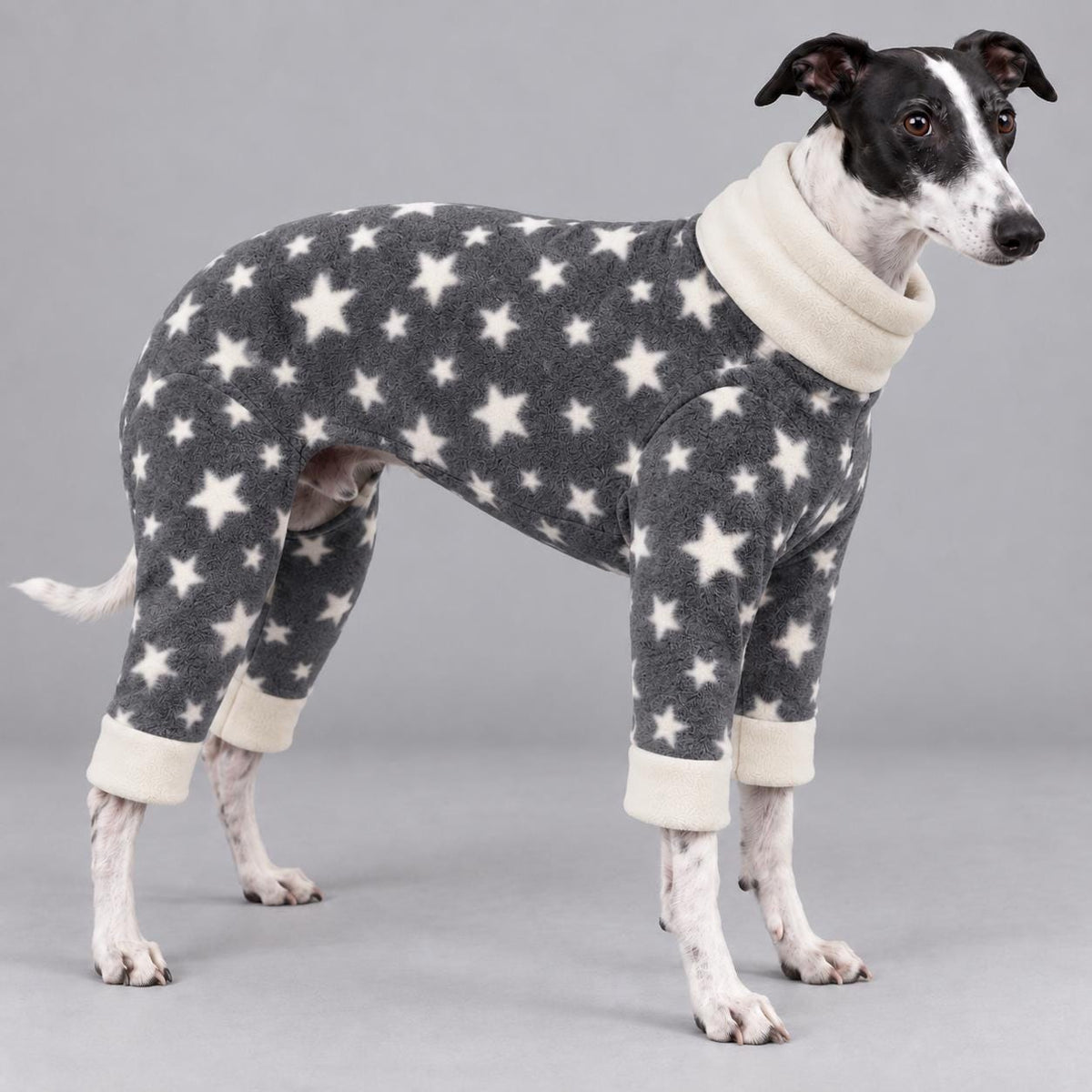 Whippet Fleece Jumpsuit Stars Print Dog Pyjamas, Warm Onesie for Sighthounds, Greyhound Italian Whippet Winter Suit, Soft Dog Romper