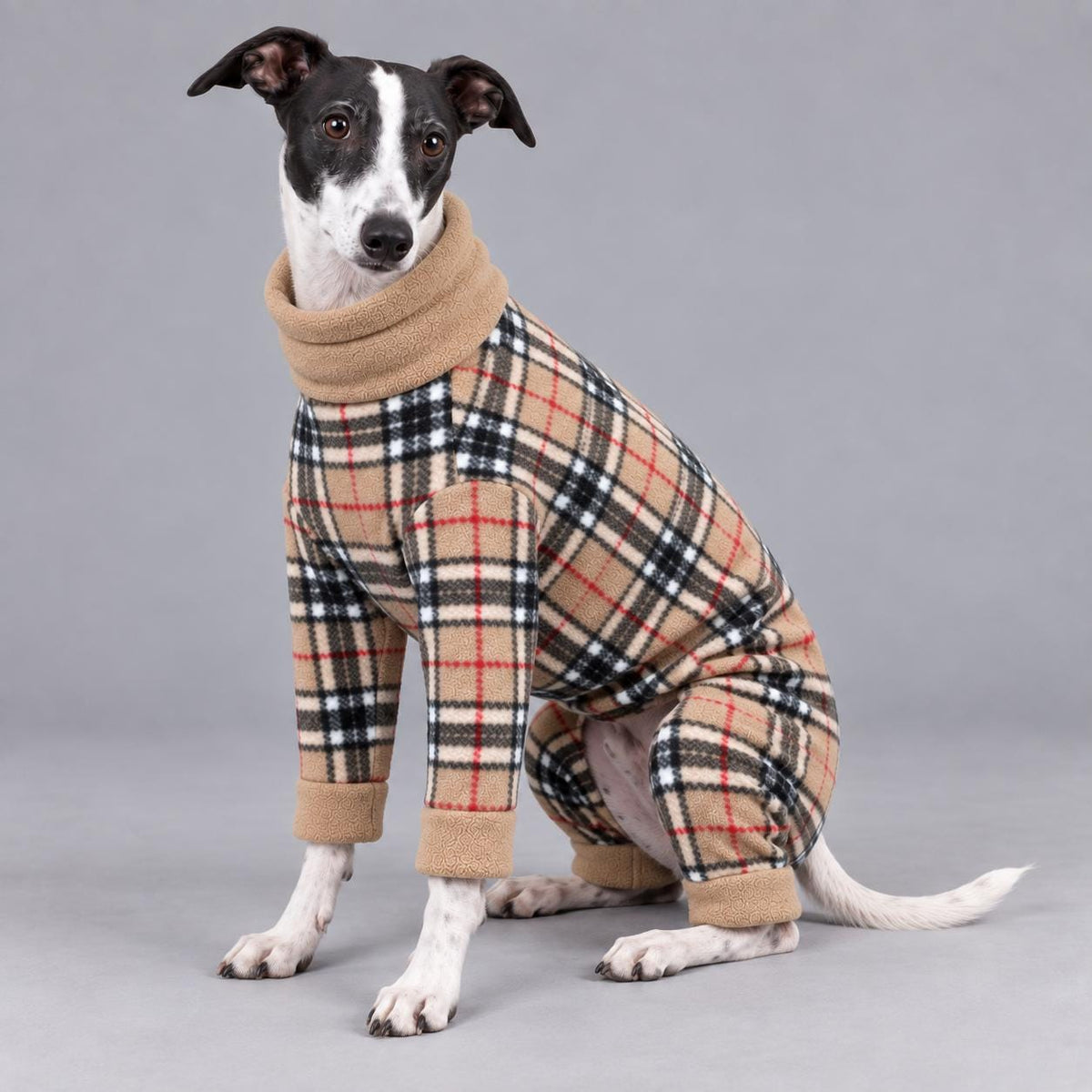 Whippet Fleece Jumpsuit Camel Checks Print Dog Pyjamas, Warm Onesie for Sighthounds, Greyhound Italian Whippet Winter Suit, Soft Dog Romper