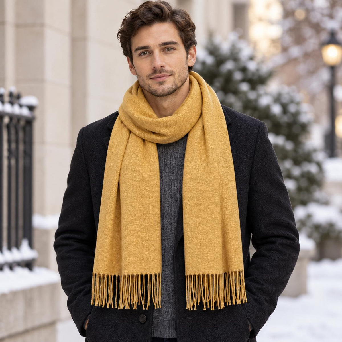 Men's Cashmere Feel Scarf, Soft Winter Wool Scarf with Fringe, Classic Solid Colour Scarf for Men, Gift for Him, Warm Fall Winter Accessory
