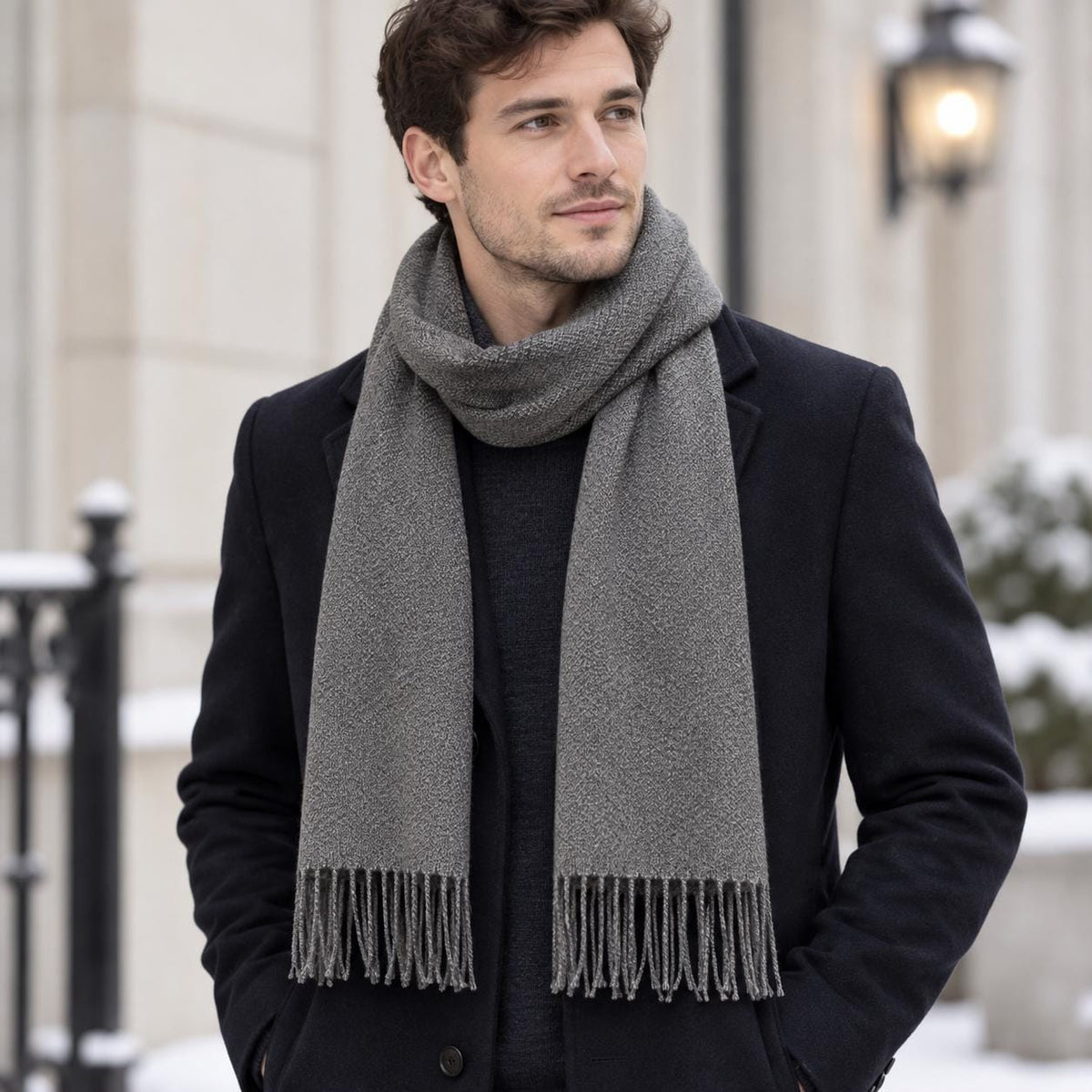 Men's Cashmere Feel Scarf, Soft Winter Wool Scarf with Fringe, Classic Solid Colour Scarf for Men, Gift for Him, Warm Fall Winter Accessory