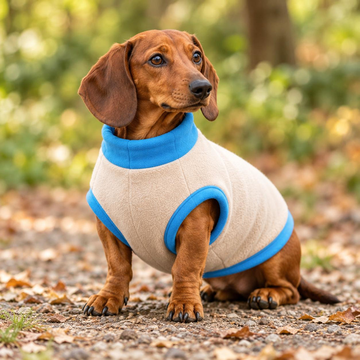 Two-Tone Fleece Sausage Dog Jumper, Colour Block Winter Coat, Handmade Warmth