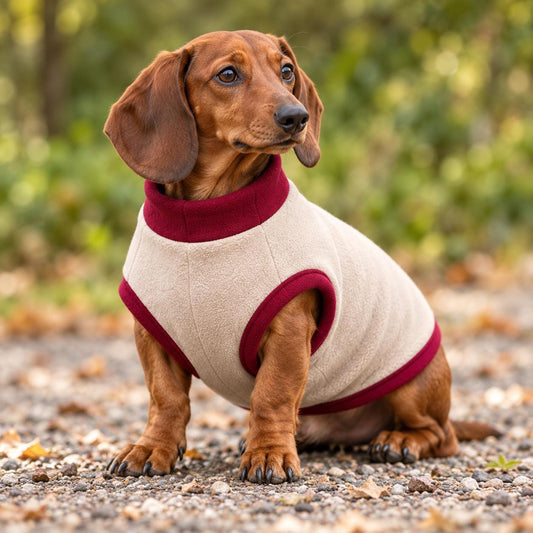 Two-Tone Fleece Sausage Dog Jumper, Colour Block Winter Coat, Handmade Warmth