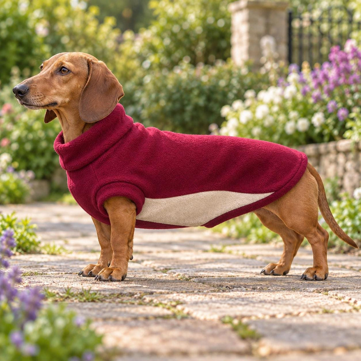 Sausage Dog Cosy Fleece Dog Coat – Cream & Burgundy Two-Tone Sweater | Soft Pullover Jacket Handmade Pet Apparel
