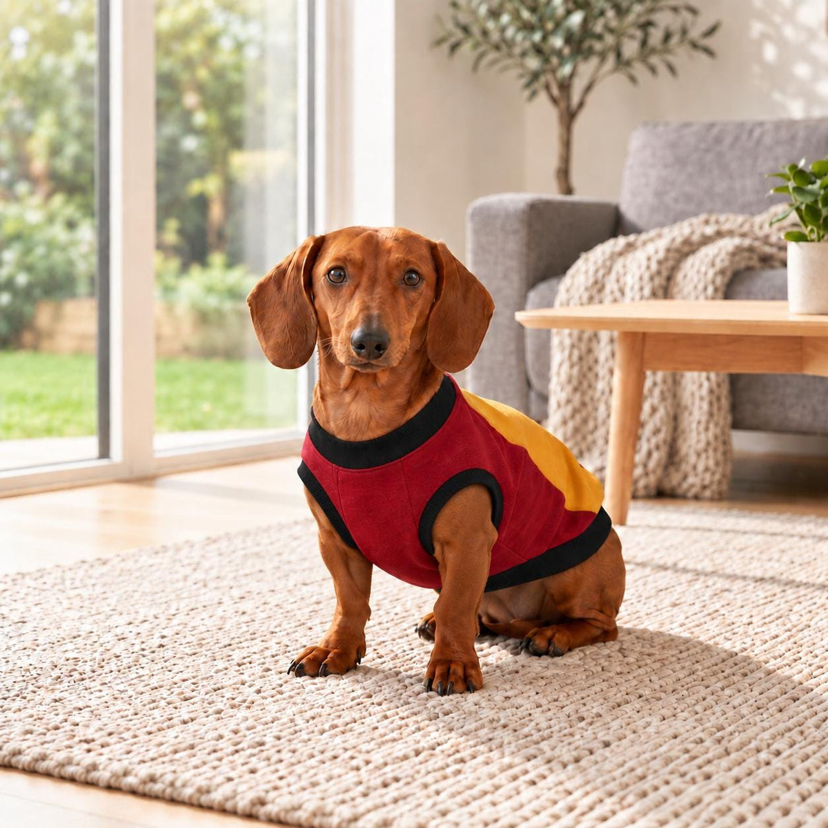 Colour Block Dachshund Sweatshirt | Burgundy, Mustard & Black Dog Jumper | Handmade Sausage Dog Clothing