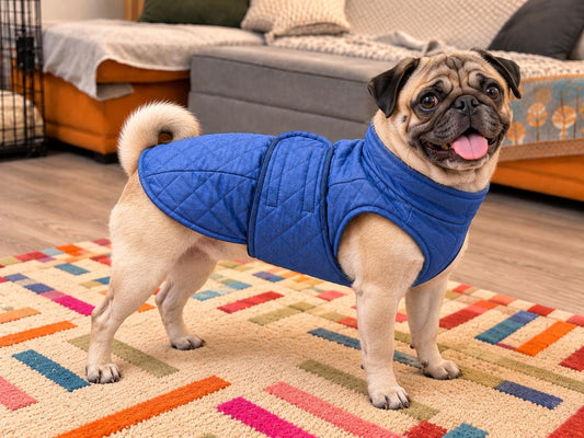 Tailored Quilted Denim Dog Coat | Fleece Lined Blue Wrap Jacket | Handmade Dog Coat with Velcro Belly Strap