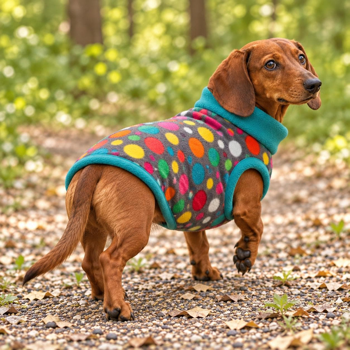 Handmade multicoloured polka-dot pattern Fleece Jumper For Sausage Dog, Warm Dachshund Coat, Small to Large Dog Clothing