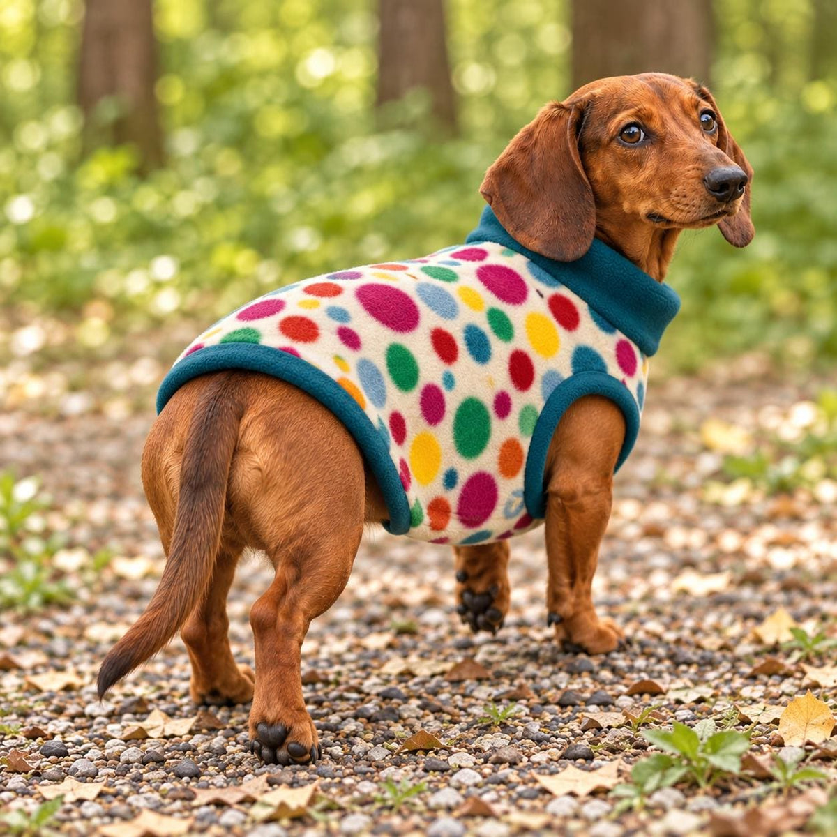 Handmade multicoloured polka-dot pattern Fleece Jumper For Sausage Dog, Warm Dachshund Coat, Small to Large Dog Clothing