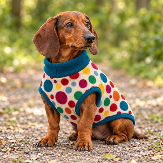 Handmade multicoloured polka-dot pattern Fleece Jumper For Sausage Dog, Warm Dachshund Coat, Small to Large Dog Clothing