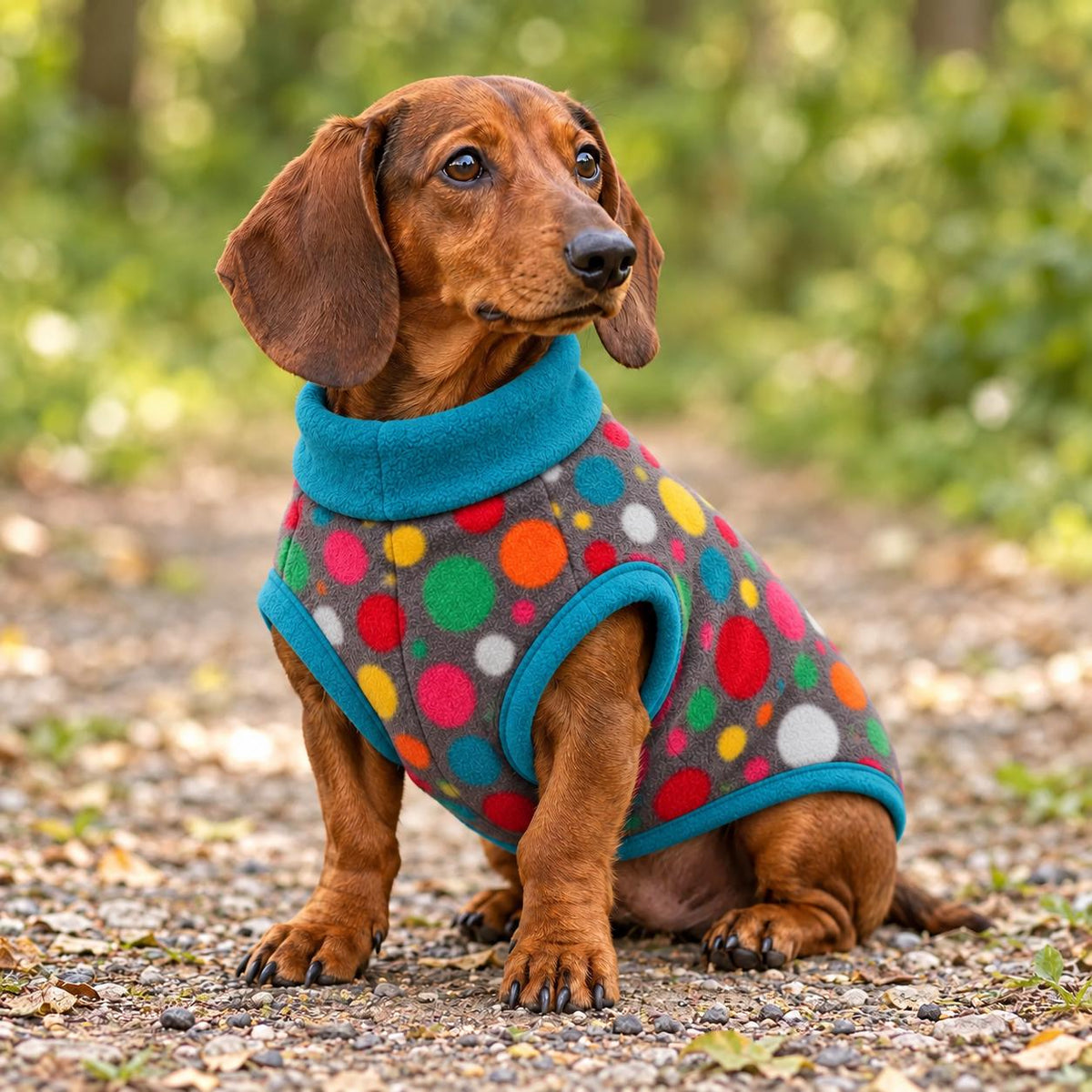 Handmade multicoloured polka-dot pattern Fleece Jumper For Sausage Dog, Warm Dachshund Coat, Small to Large Dog Clothing