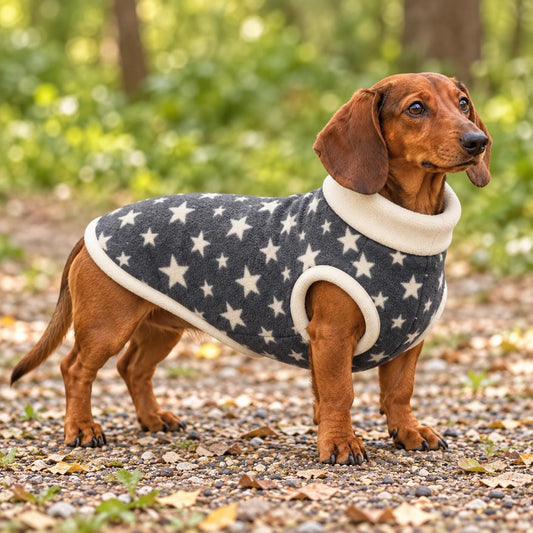 Handmade Two Tone Grey Star Fleece Jumper For Sausage Dog, Warm Dachshund Coat, Small to Large Dog Clothing