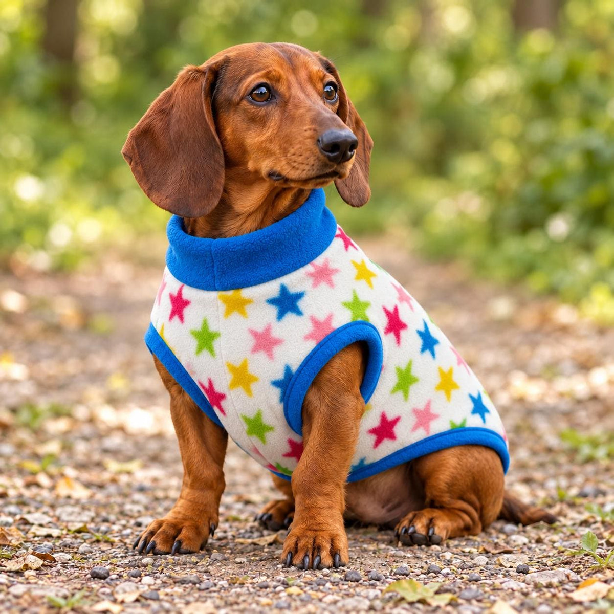 Handmade Rainbow Star Fleece Jumper For Sausage Dog, Warm Dachshund Coat, Small to Large Dog Clothing